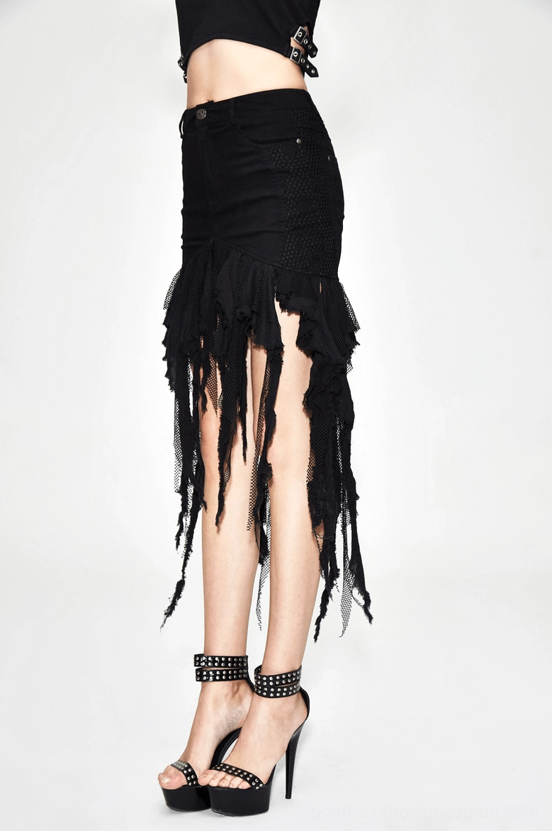 Black gothic denim skirt styled on female model - paired with dark aesthetic punk fashion accessories