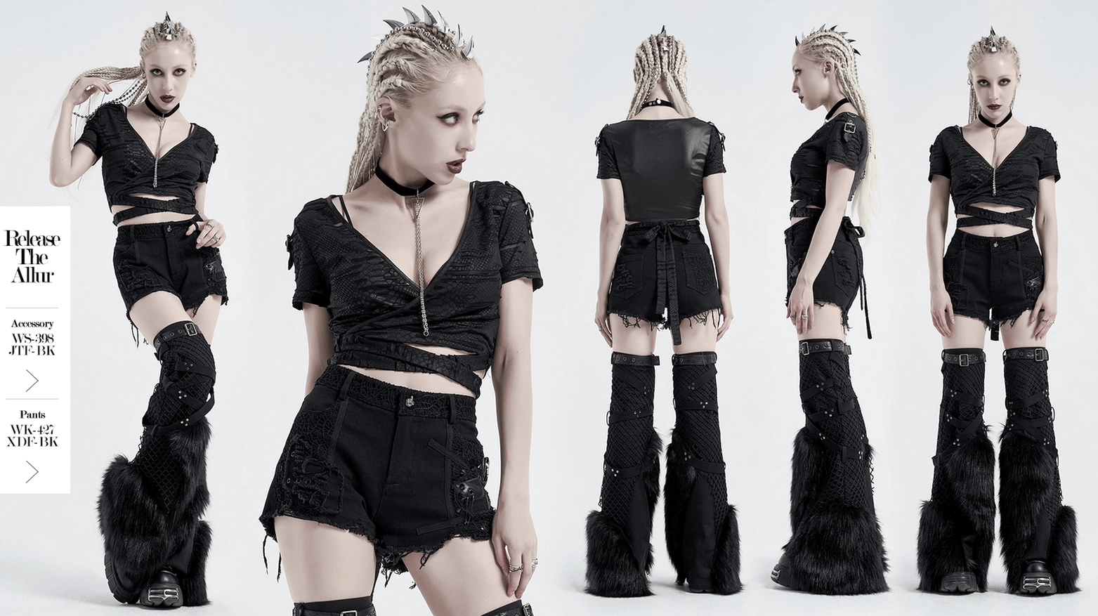 Full-length front view of black distressed gothic crop top on model with cropped sleeves and ripped details
