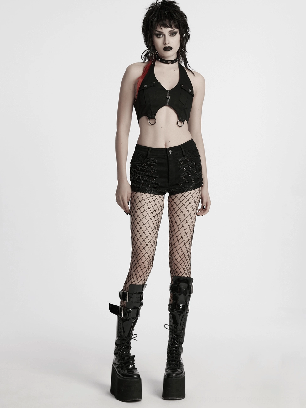 Styled product image of black gothic distressed denim shorts showing fitted cut, eyelet details, and alternative fashion aesthetic