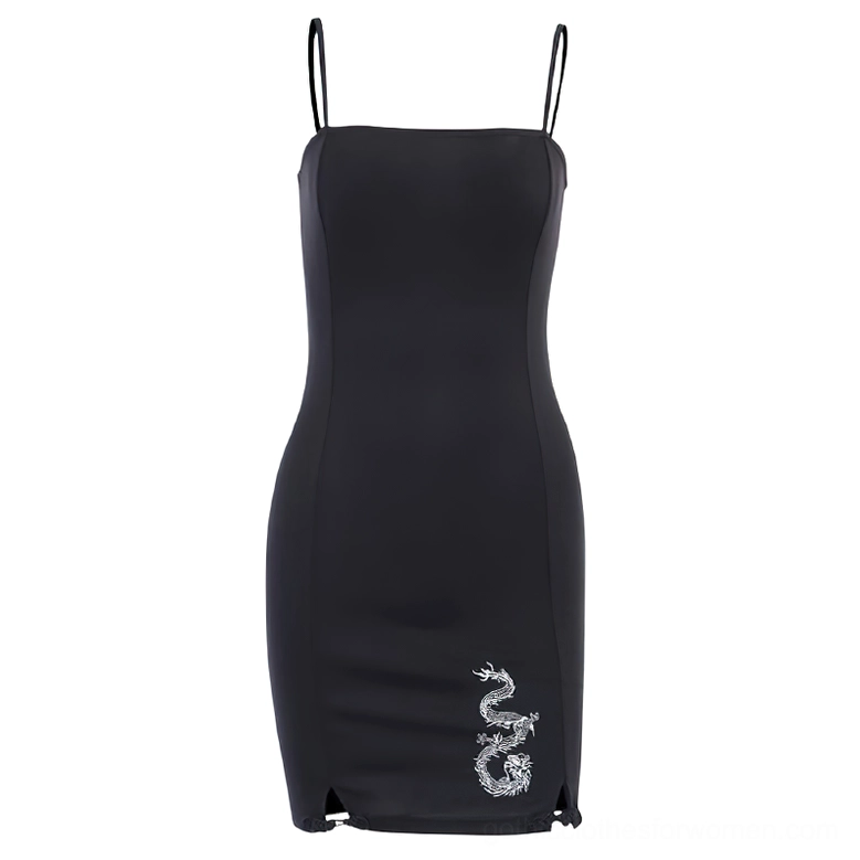 Black gothic mini dress flat lay showing dragon embroidery and bodycon silhouette