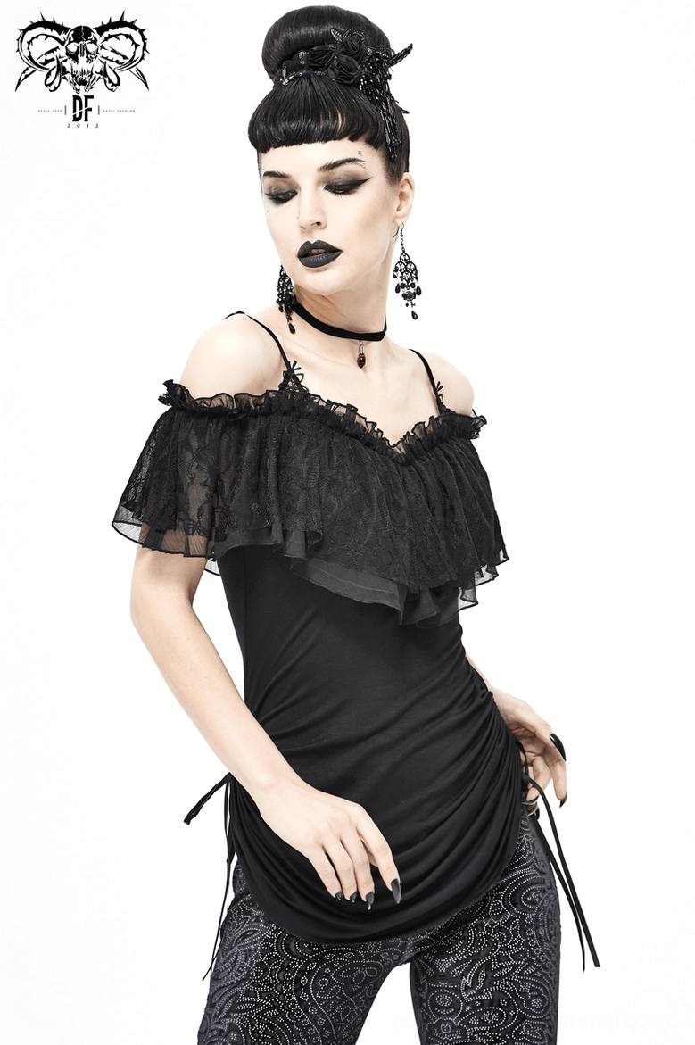 Black gothic mini dress with adjustable side ties full-length fashion photography