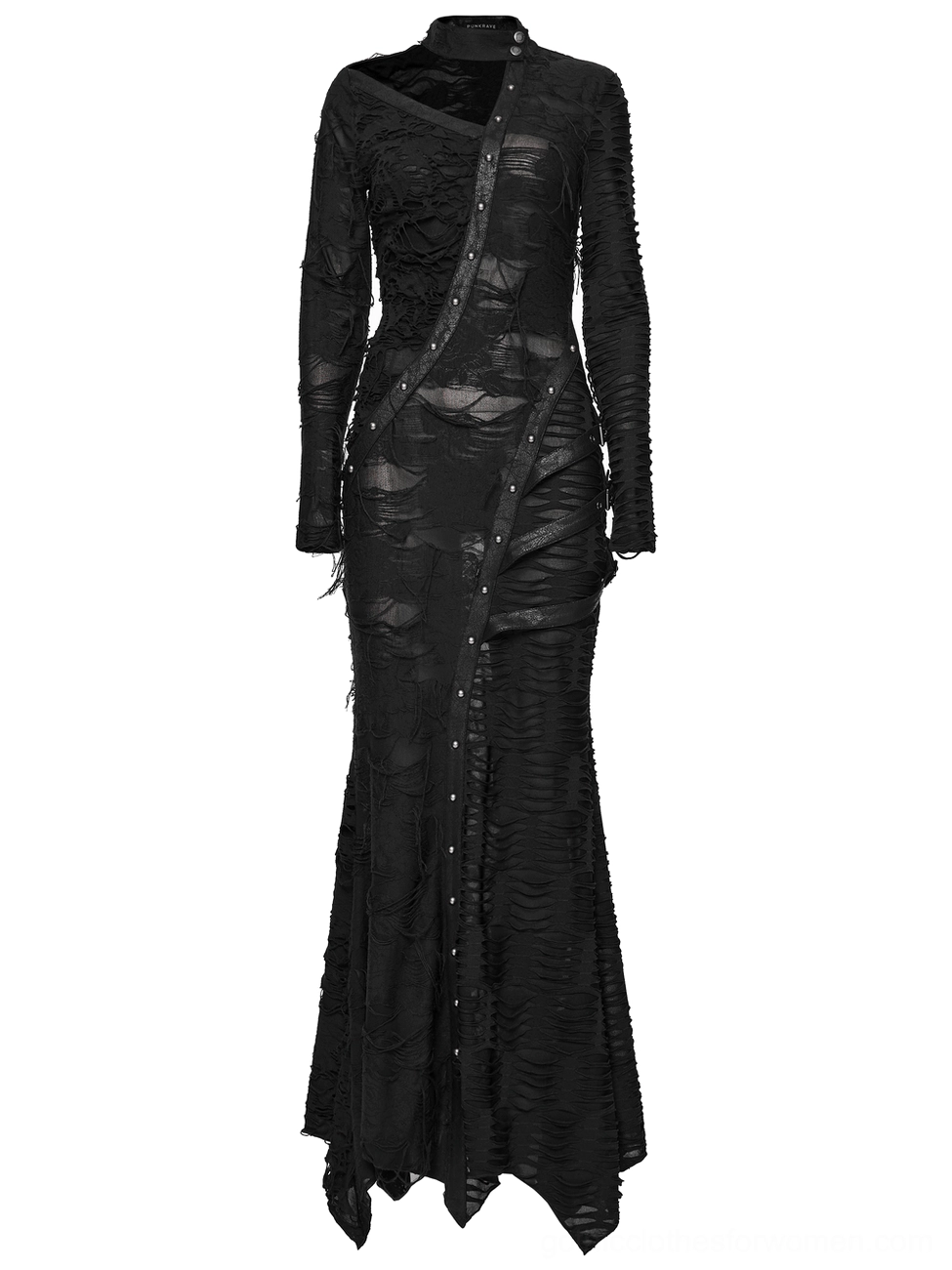 Black gothic asymmetric maxi dress front mannequin view with distressed fabric and asymmetrical neckline