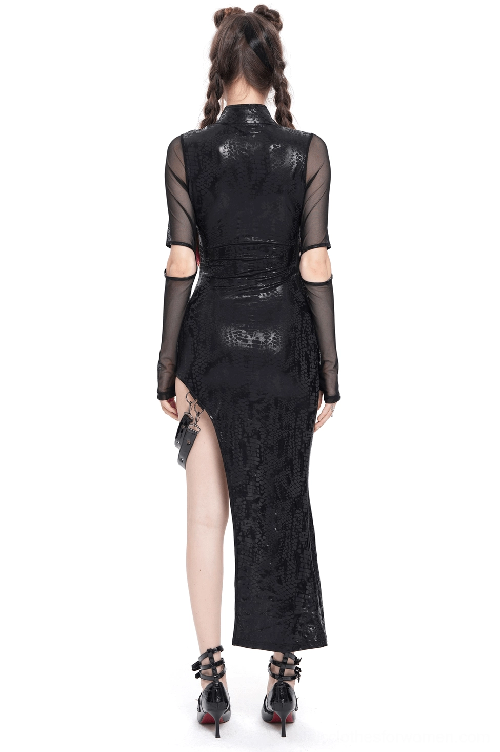 Black gothic asymmetrical dress back view showcasing snake-textured fabric and sheer mesh arm covers on model