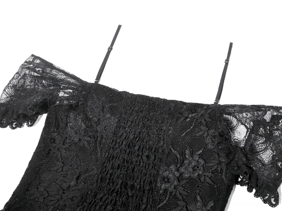 Black gothic lace high-low dress showing asymmetrical hem line where long sheer lace underlayer reveals beneath short front skirt