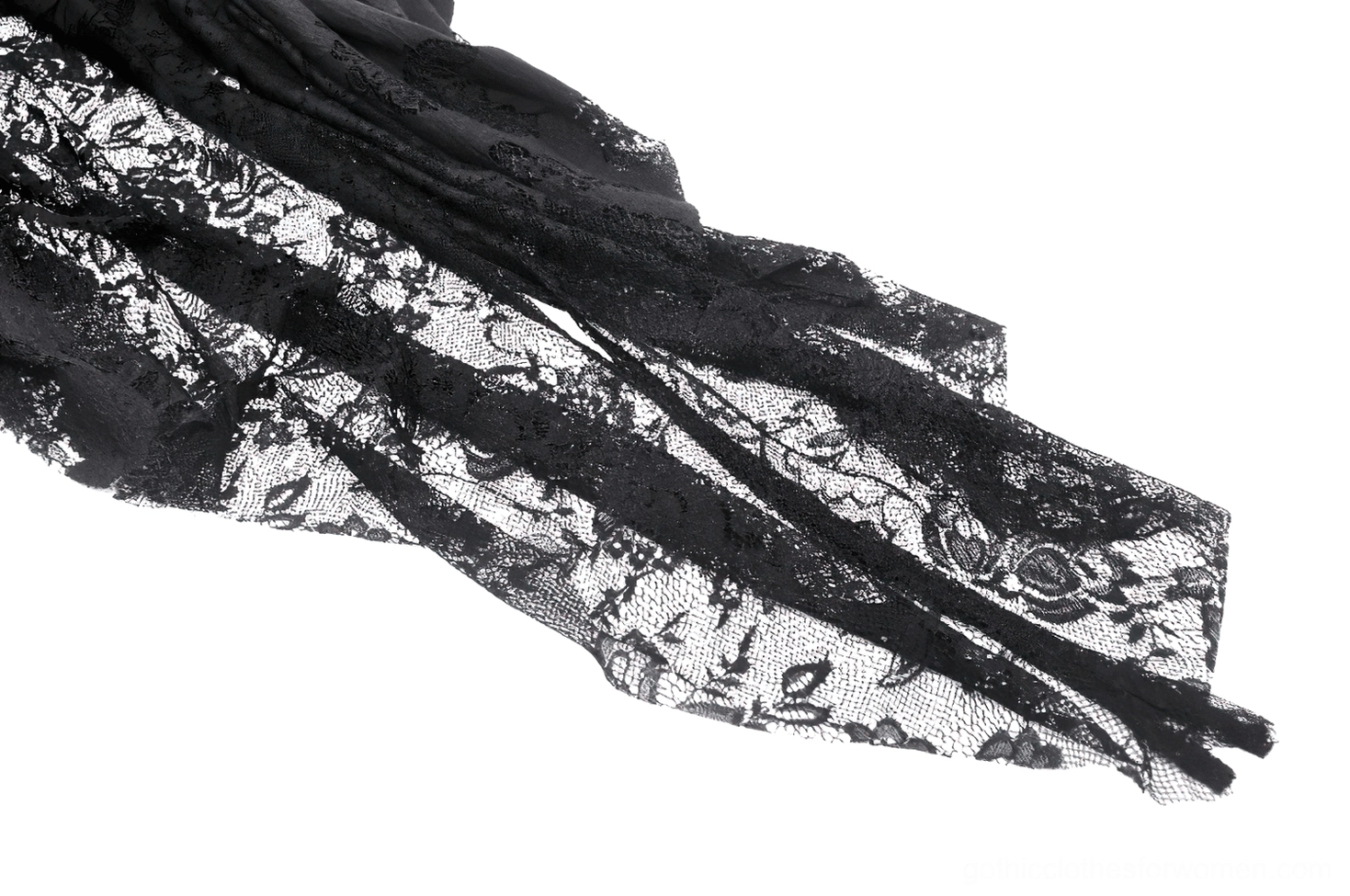 Black gothic lace high-low dress with dovetail hem and sheer lace train detail