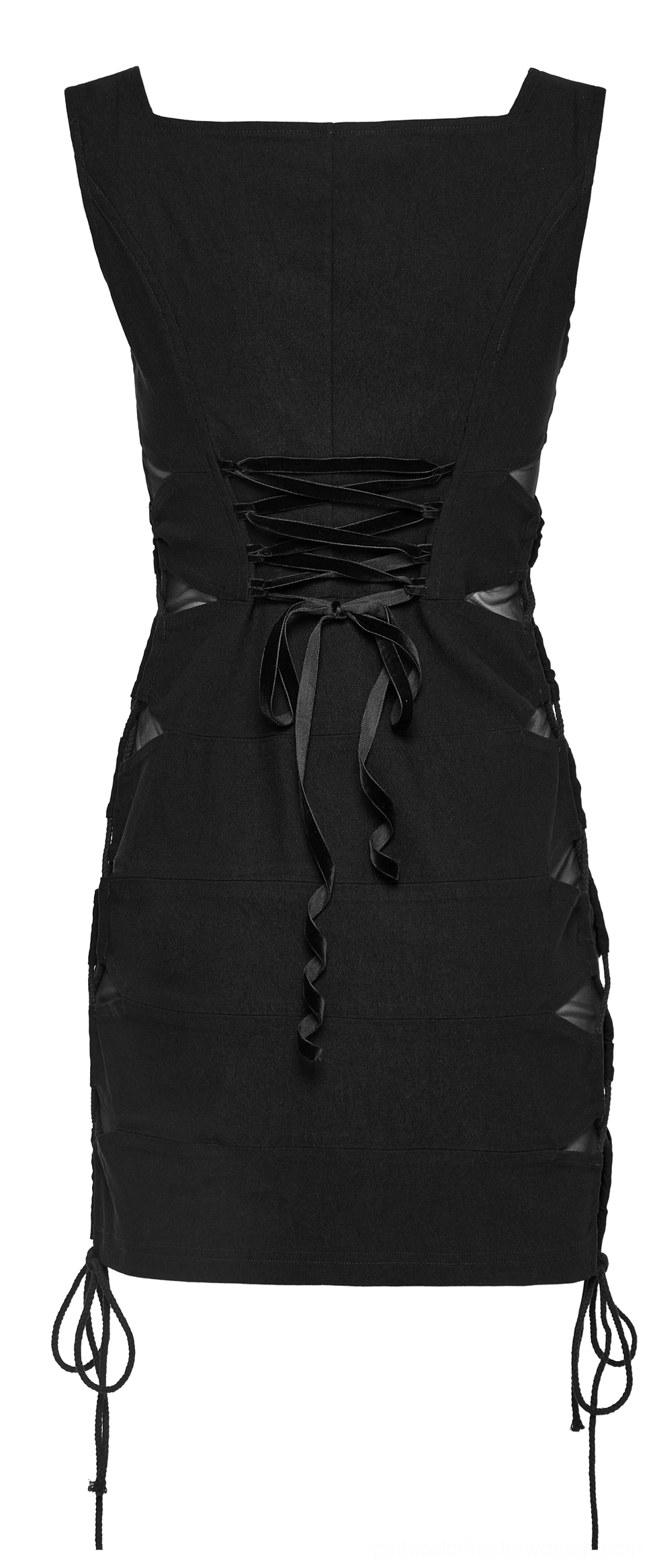Black gothic dress back flat lay with velvet ribbon corset lacing and side drawstring split hem details