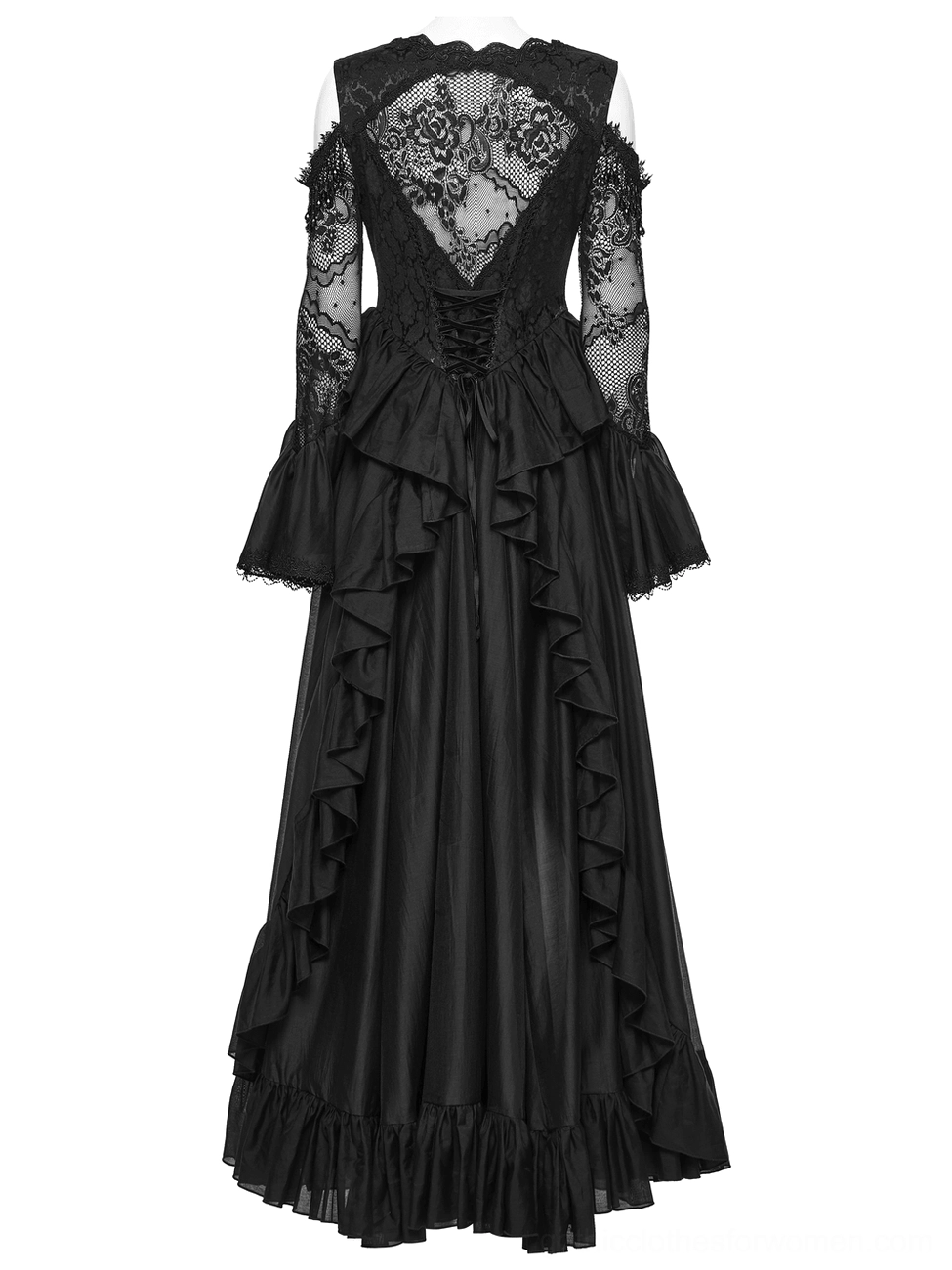 Black gothic lace maxi dress back partial view on mannequin, displaying intricate lace back panel, corset waist structure, adjustable back drawstring, and ruffled waist trim detailing