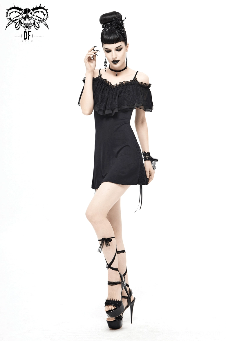 Black gothic mini dress back view showing adjustable drawstring construction