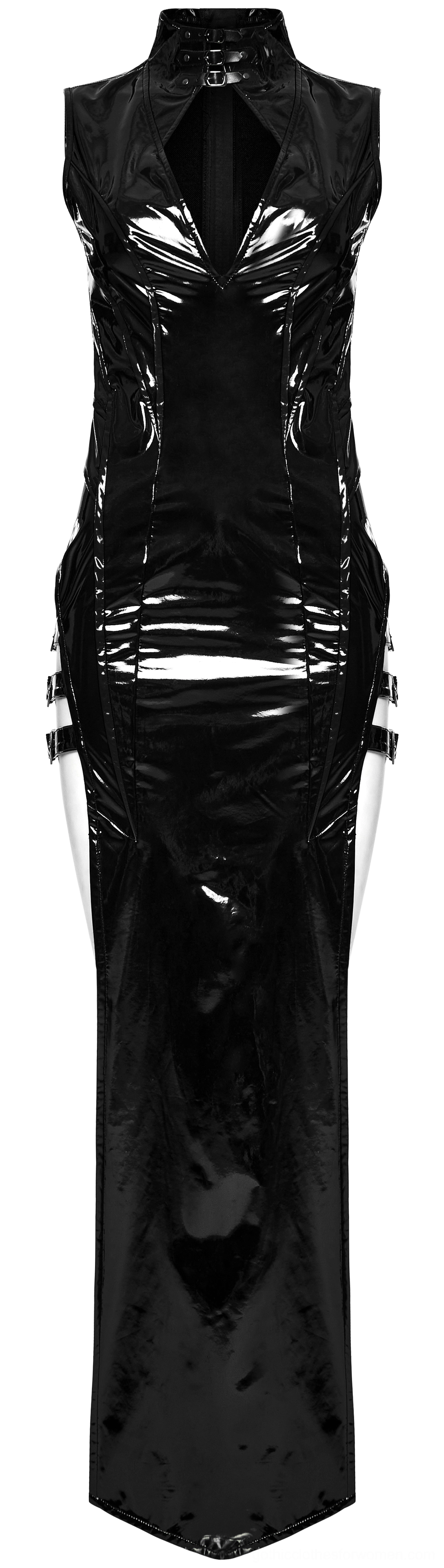 Black faux leather gothic maxi dress back flat lay showing exposed zipper and industrial buckle strap hardware