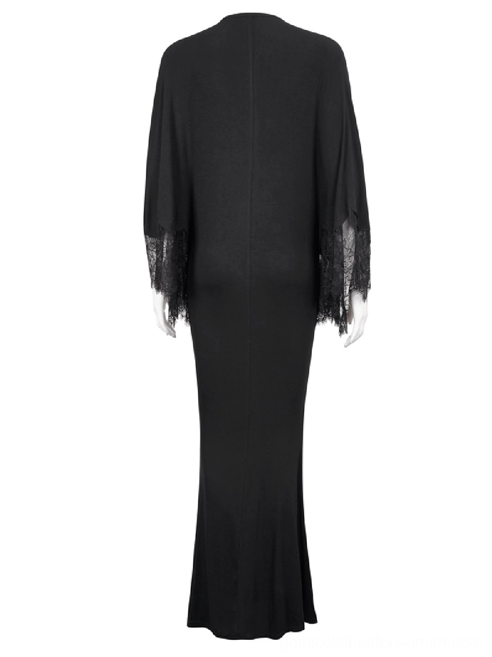 Black gothic evening dress back view on mannequin, displaying minimalist back design with form-fitting silhouette and lace-trimmed cape sleeves