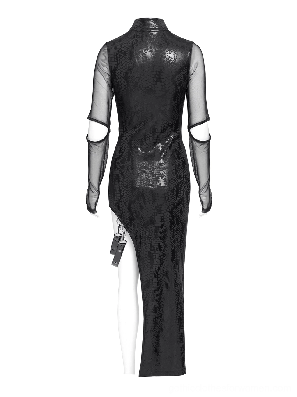 Black gothic asymmetrical dress back view on mannequin displaying snake-textured fabric and high side slit