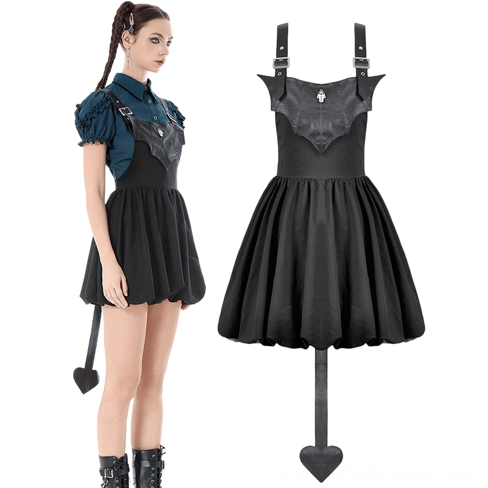 Side view gothic black dress with bat bodice paired with combat boots on model with side braids