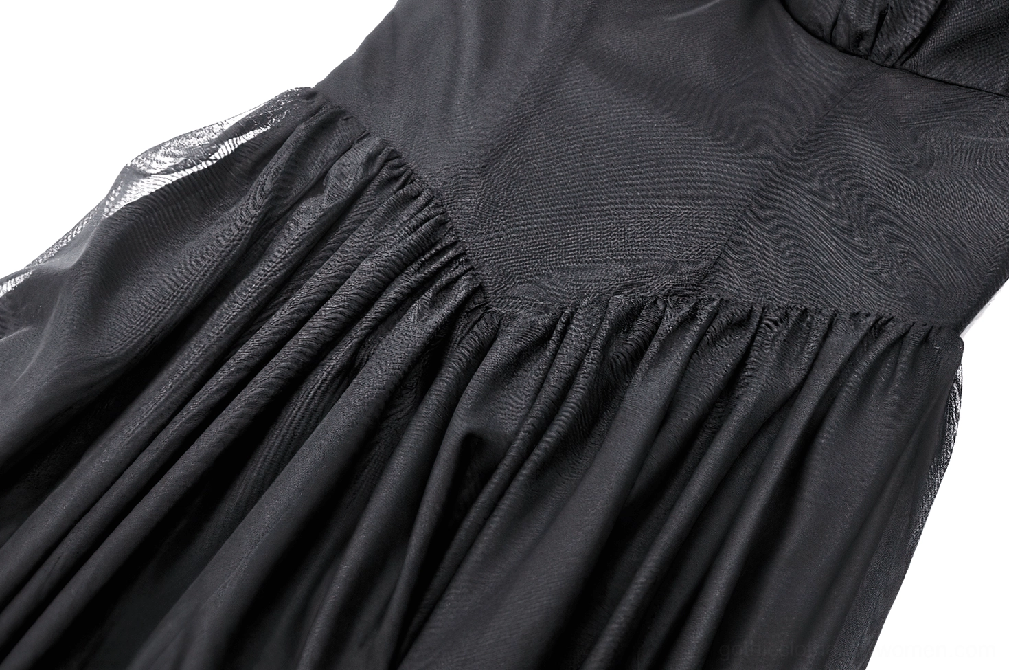 Gothic black maxi dress showing off-shoulder lace bell sleeve design with ruffled edge and flowing tulle detail