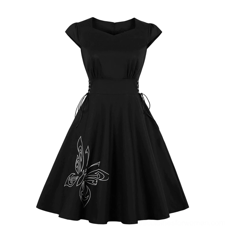 Black gothic swing dress with butterfly embroidery and cap sleeve detail