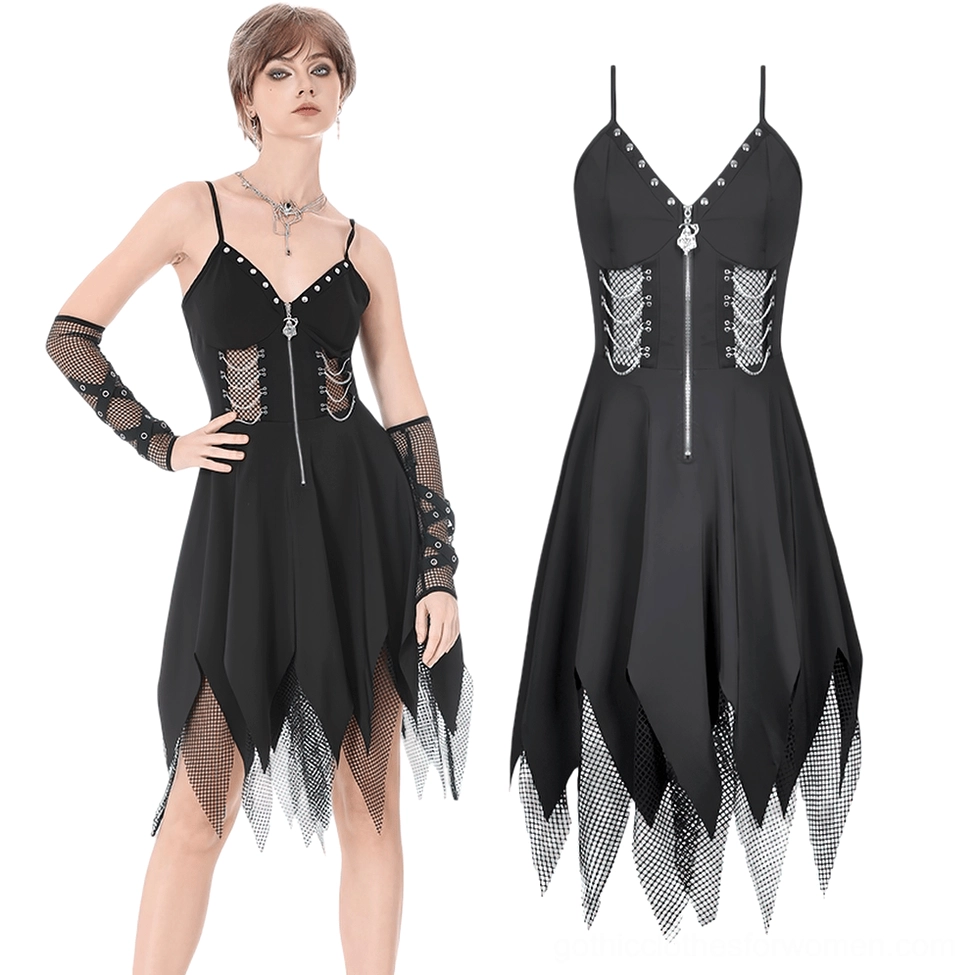 Black gothic mini dress with front zipper, chain cutout details, and jagged fishnet hem shown in three-quarter view on white studio background