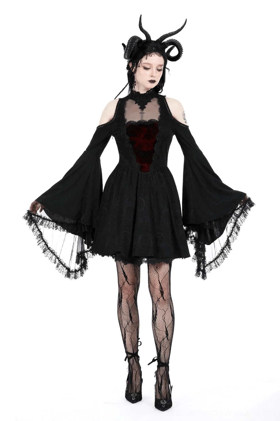 Black velvet gothic dress with cold shoulder - detail of shoulder cutout and lace