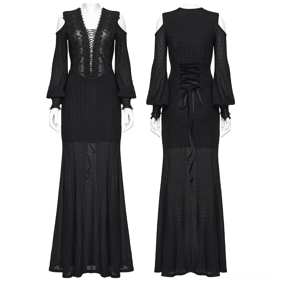Black gothic maxi dress with cold shoulder cutouts and lantern sleeves - dual front and back mannequin view