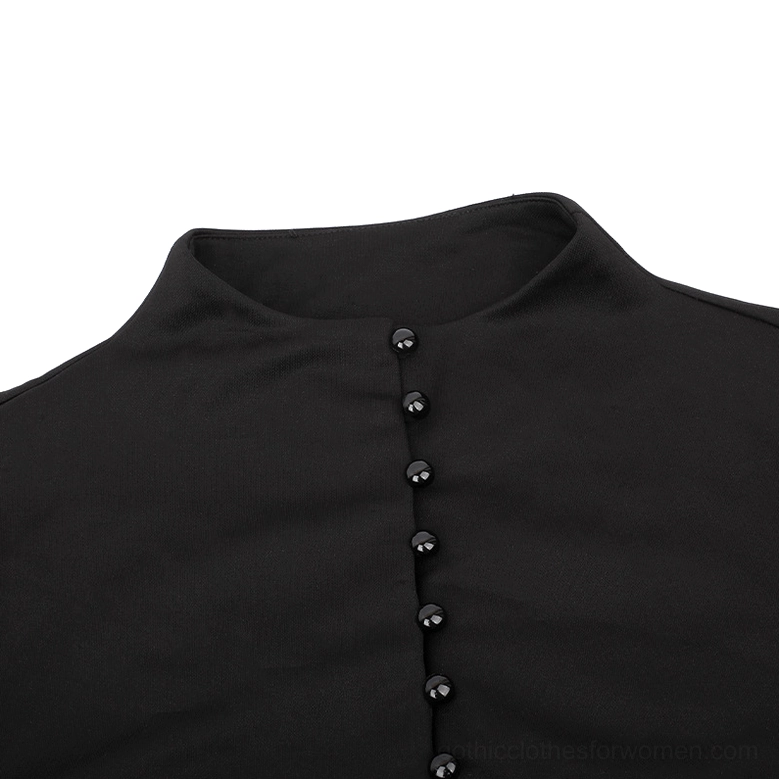 Black Gothic Dress Stand Collar Close-Up - Button Row Detail and High Neckline