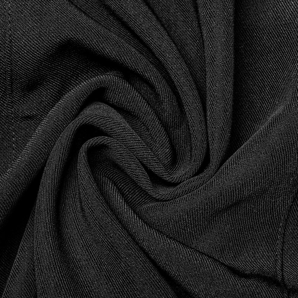 Black gothic techwear dress overall construction detail showing fabric quality and industrial hardware integration