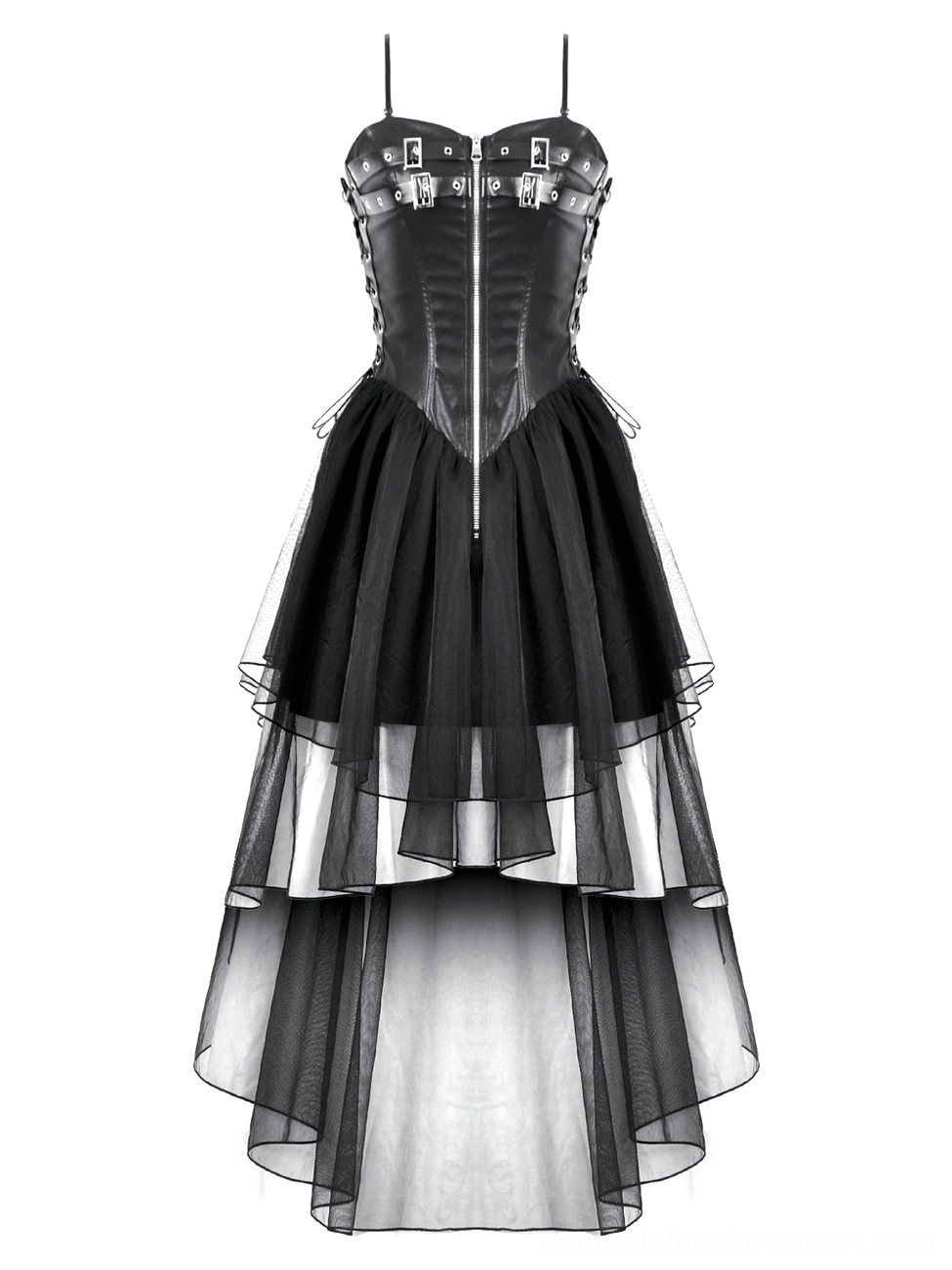 Black gothic tiered mesh dress flat shot showing corset bodice construction and layered asymmetrical hem