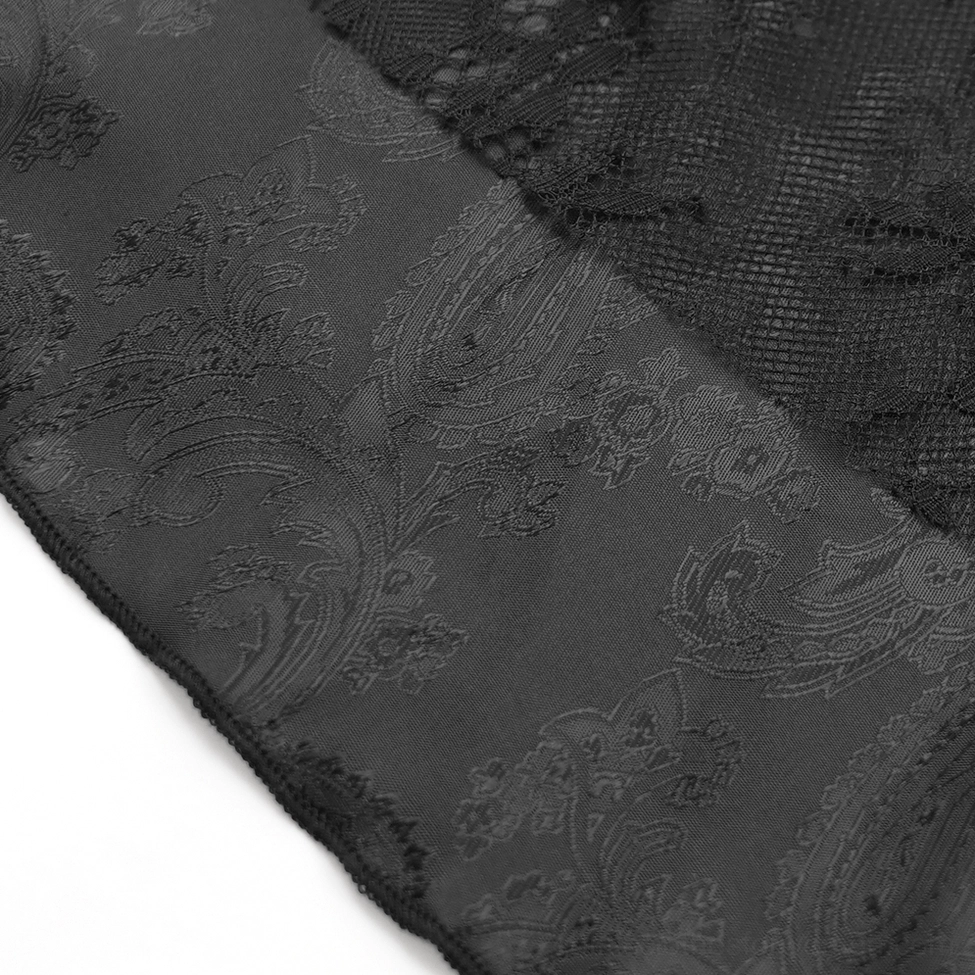 Damask jacquard floral pattern close-up of black gothic lace dress sheer overlay texture