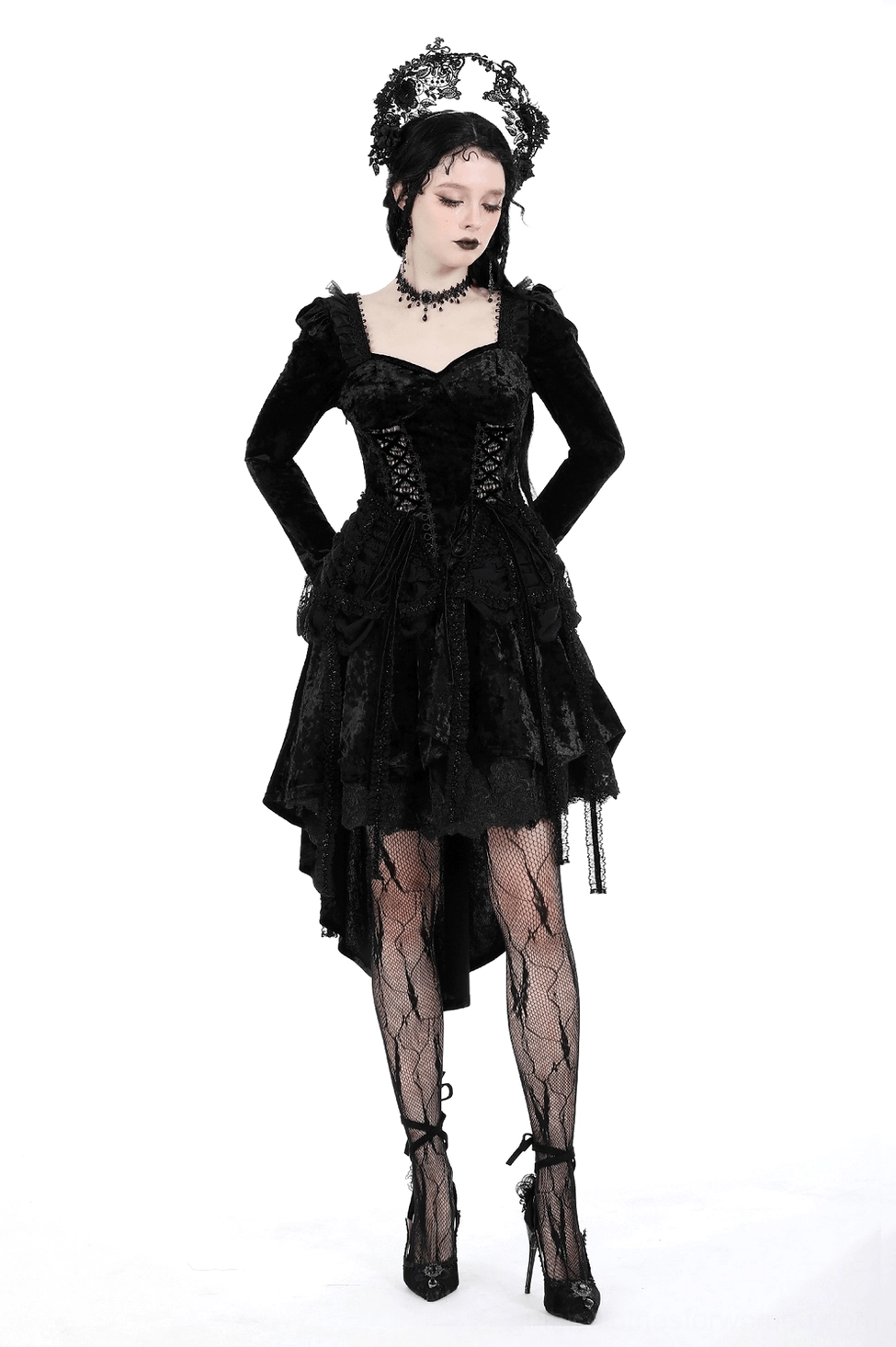 Black gothic velvet dress alternative styling view emphasizing dramatic sleeves and elegant goth aesthetic