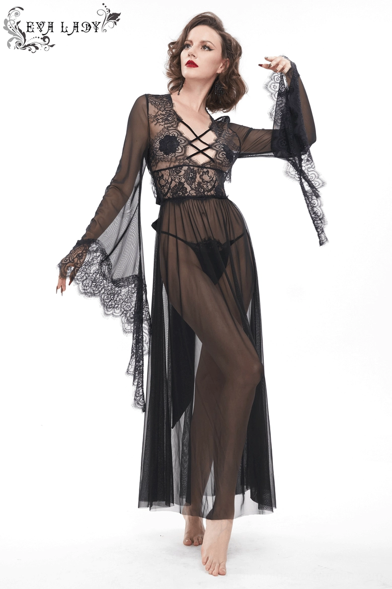 Black transparent lace gothic dress elegant drape and flow on model