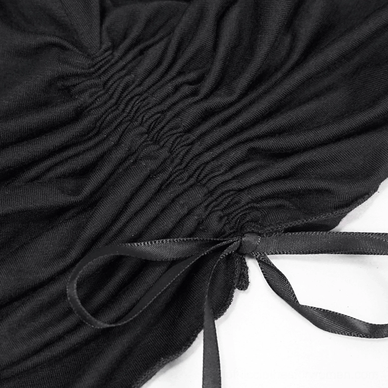Close-up macro view of black gothic dress side drawstring and shirred fabric details