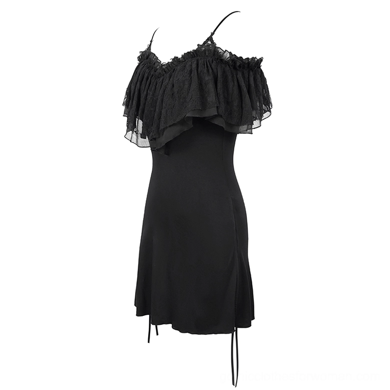 Black ruched gothic slip dress with drawstring tails, flat lay back view with ruffled shoulder trim