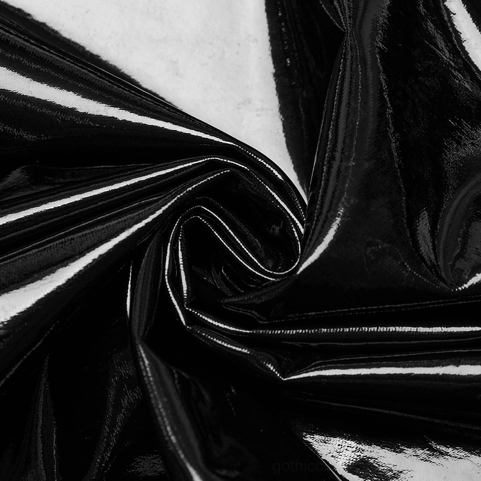 Black gothic faux leather maxi dress texture detail showing glossy PU material and seaming
