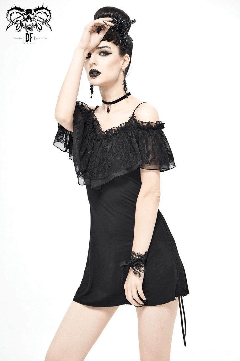Black gothic off-shoulder dress texture and fabric close-up showing knit composition