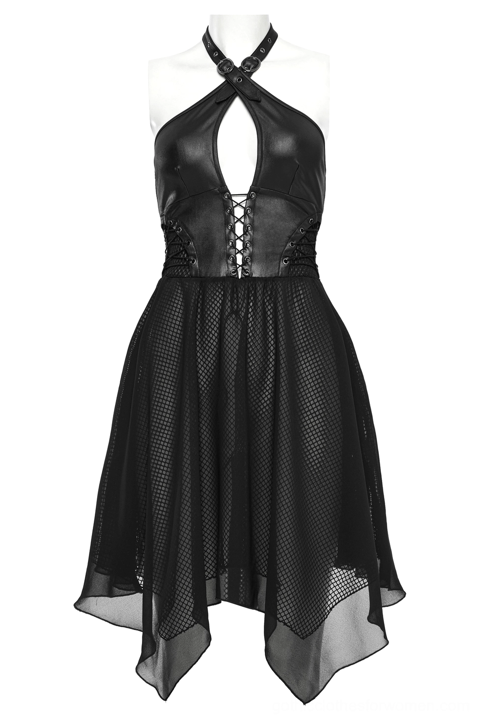 Alternative fashion gothic dress mannequin display showing fishnet chiffon layered skirt and structured lace-up leather bodice