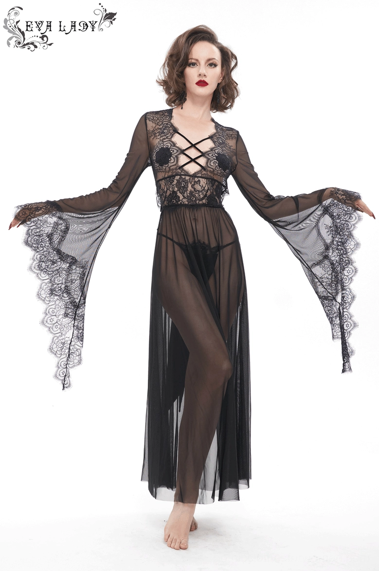 Black lace gothic dress fit and silhouette on model side angle view