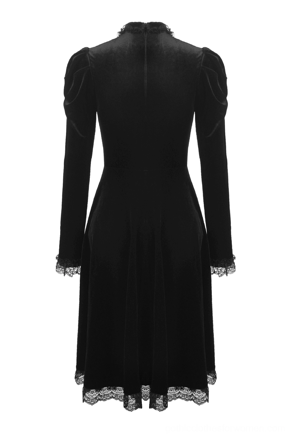 Victorian gothic dress back flat lay view displaying fitted silhouette and lace hem trim detail