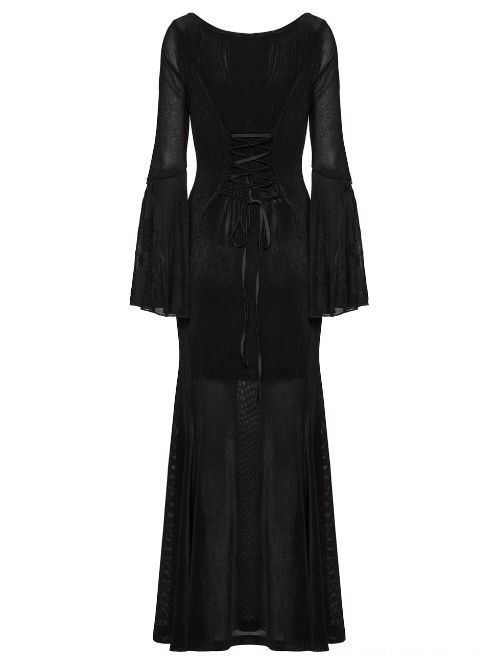 Black gothic maxi dress flat lay front view with fitted waist, solid black skirt panel, and flared mesh bell sleeves