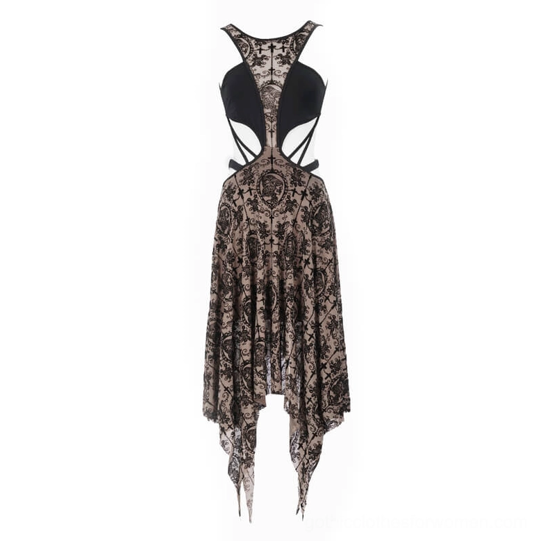 Black damask vintage print gothic dress flat lay display - full front and side view