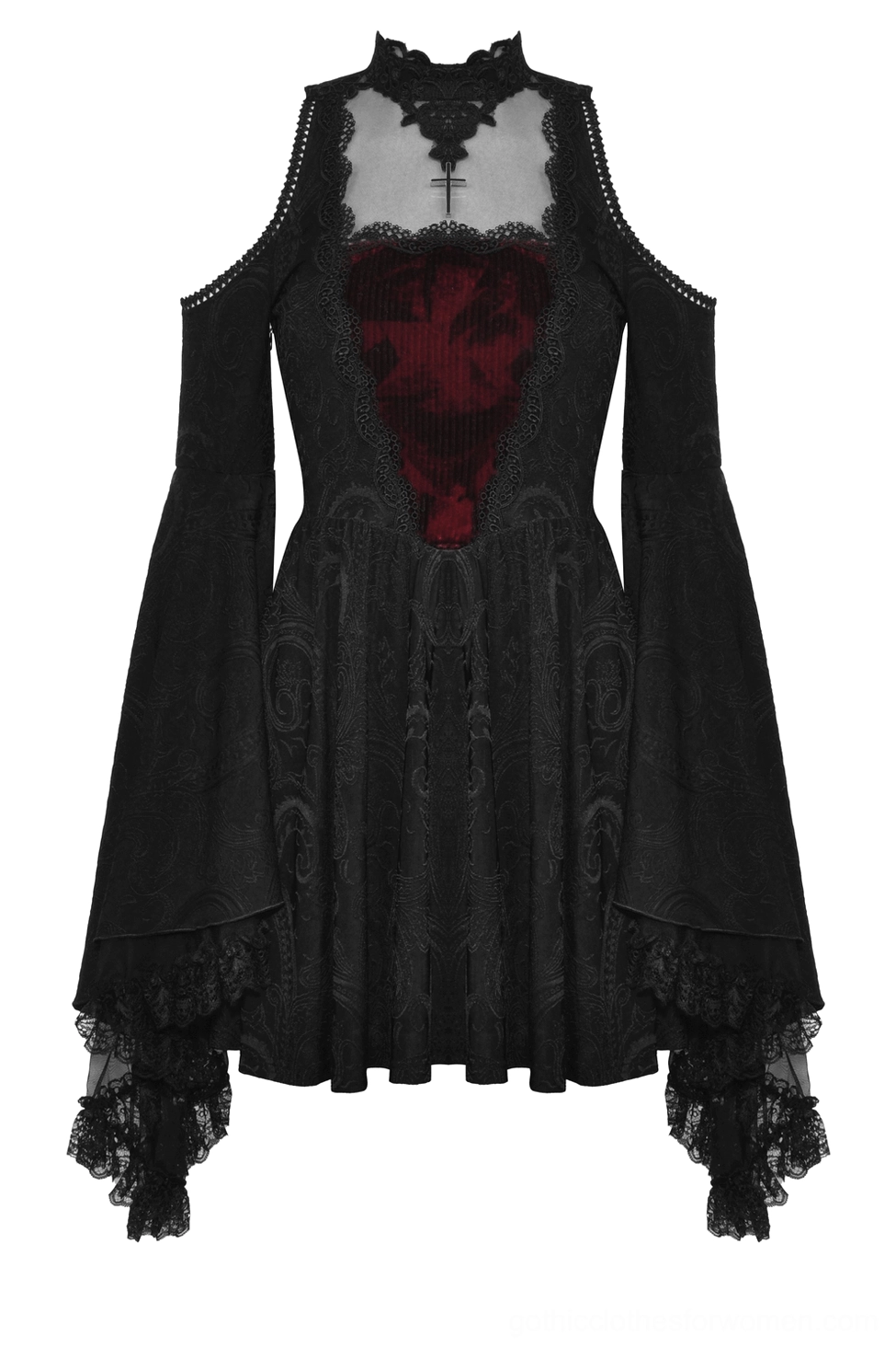 Gothic cold shoulder dress flat lay - front showing cold shoulder cutouts and paisley texture