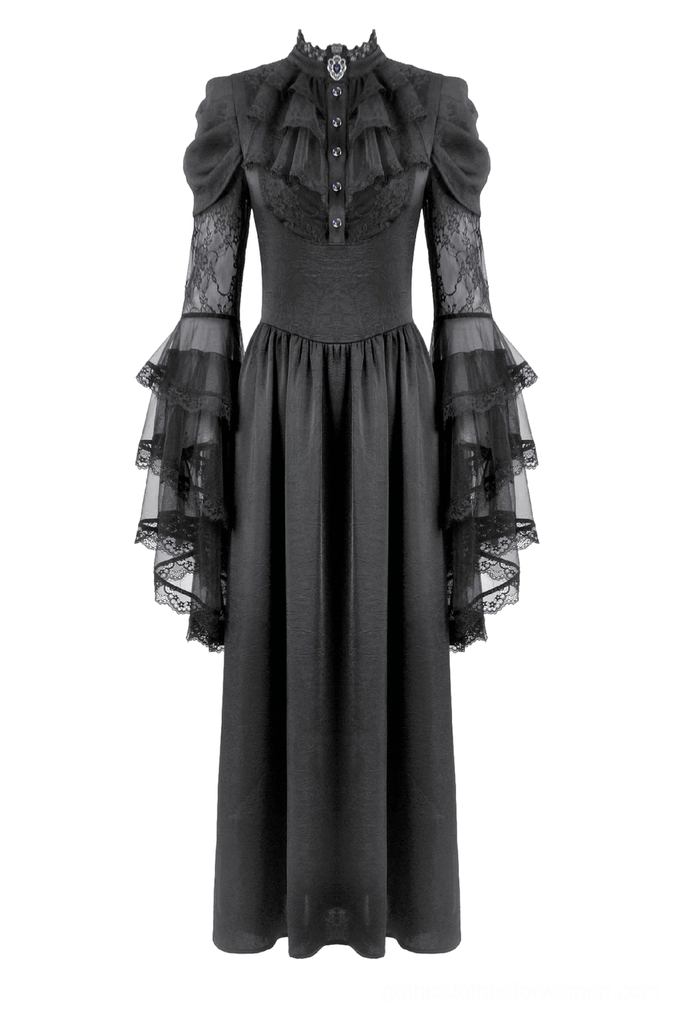 Flat lay front view of black gothic lace bell-sleeve dress showing high neck ruffled bodice, beaded trim, and lace detailing