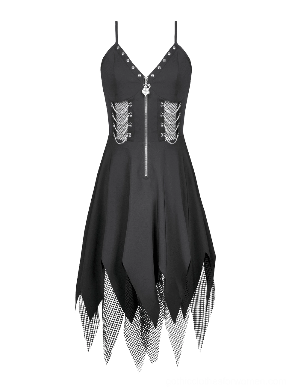 Flat lay front view of black gothic slip dress showing spaghetti straps, front zipper, fishnet jagged hem, and chain cutout details on white background