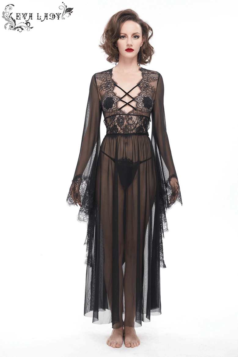Black lace gothic dress intricate floral pattern and transparency detail