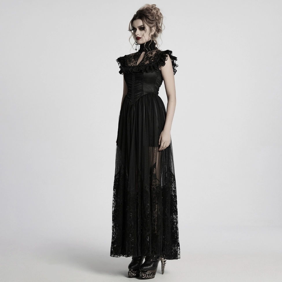 Black gothic evening dress on model - flowing lace skirt and mystical silhouette