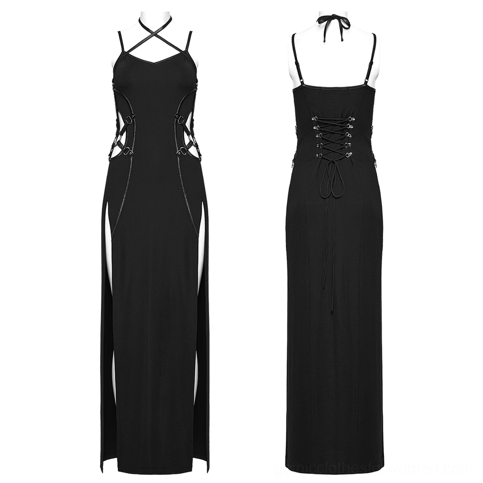 Black gothic maxi dress front and back paired view on dress form mannequin, showing convertible straps and side slits