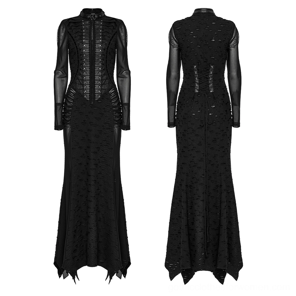 Black gothic maxi dress paired front and back view on mannequins, displaying full silhouette with structured corset front, mesh panels, pleated details, and tattered uneven hemline throughout