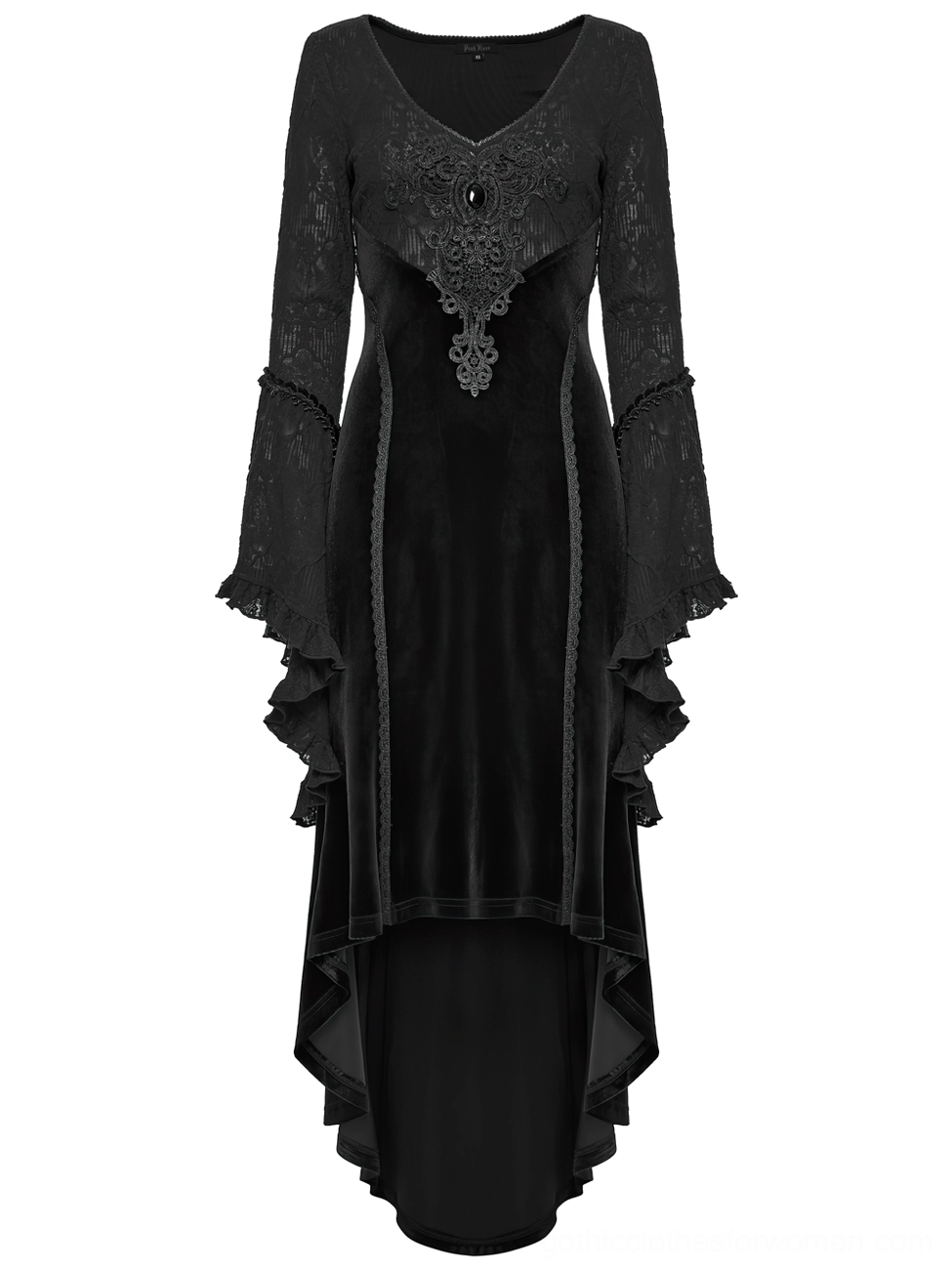 Black gothic velvet dress front view flat lay showing embroidered lace bust and high-low asymmetrical hemline design