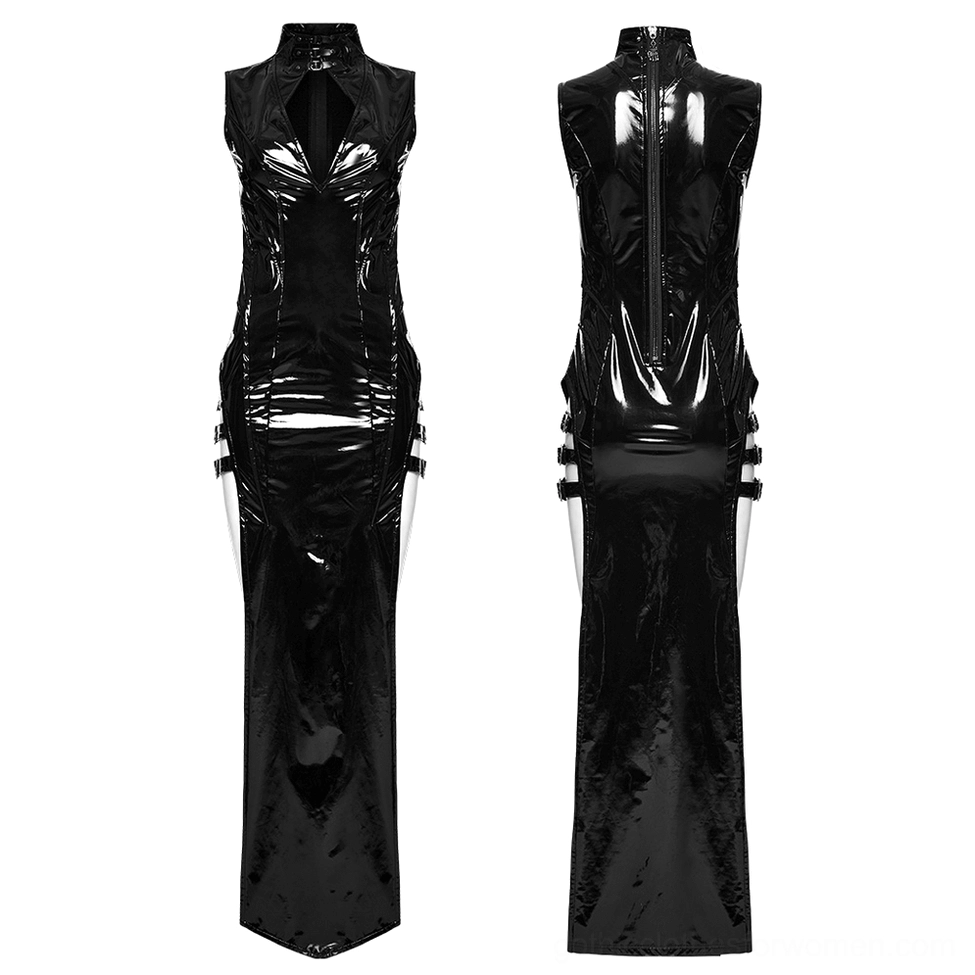 Black faux leather gothic dress flat lay front view displaying keyhole cutout, stand collar, and side thigh slits