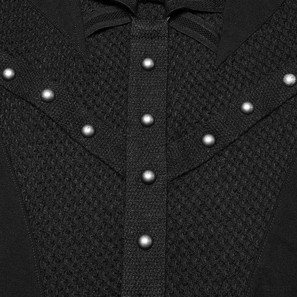 Front panel close-up of black gothic mesh hooded dress showing rivet trim and mesh inserts detail