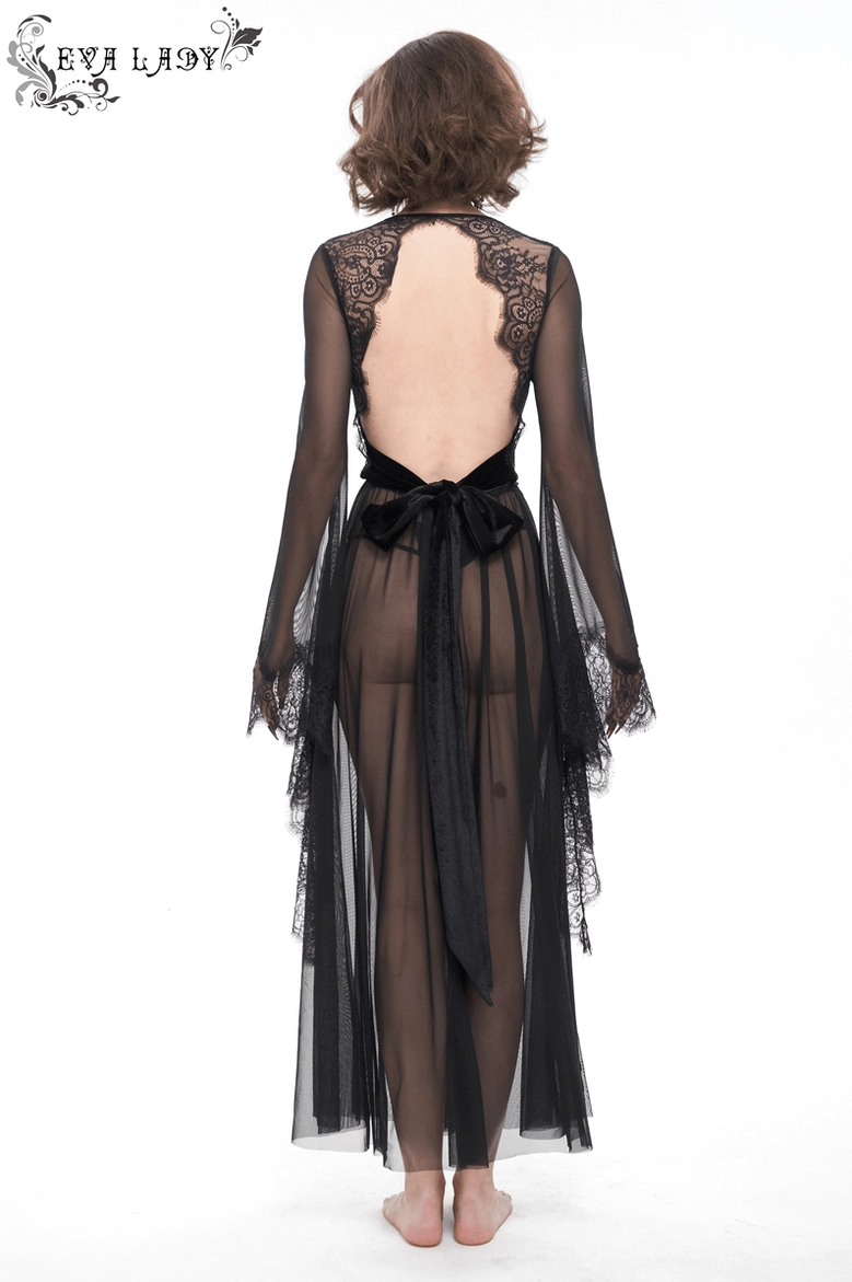 Black lace gothic dress full body view showcasing design and construction
