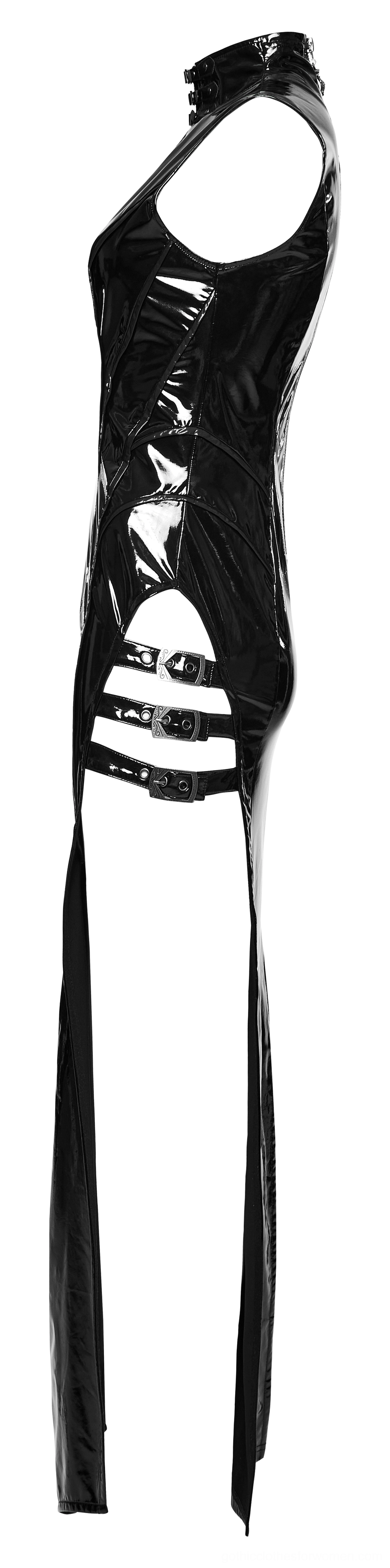 Full front view of black faux leather gothic dress on flat lay displaying sleeveless stand collar design