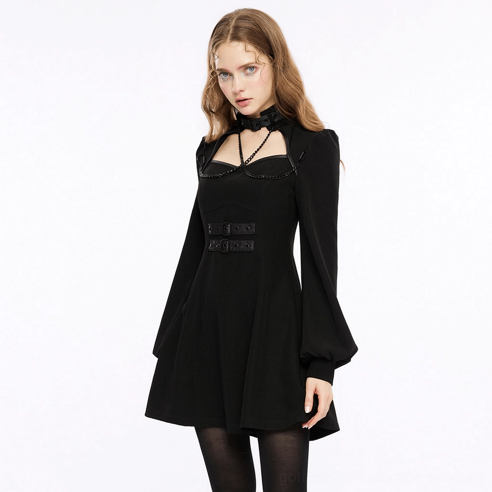 Black gothic techwear dress full length styling showing proportional A-line silhouette and dramatic bishop sleeve volume