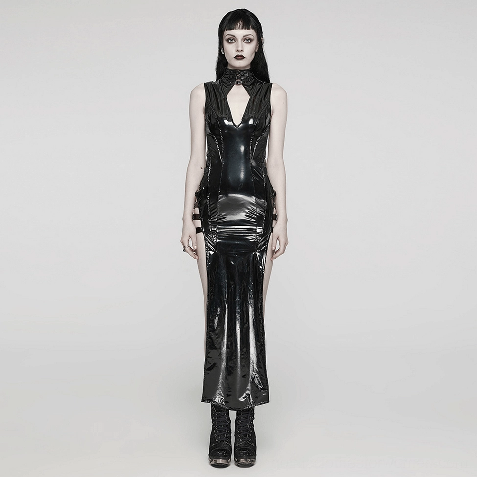 Black faux leather gothic dress styled look showing full length maxi silhouette with industrial hardware